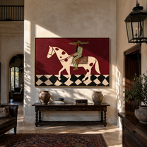Green Stripes Cross the Moonlit Horse - western horse rider painting by Isabelle Laurent, modern Western horizontal wall art – styled room scene view 2