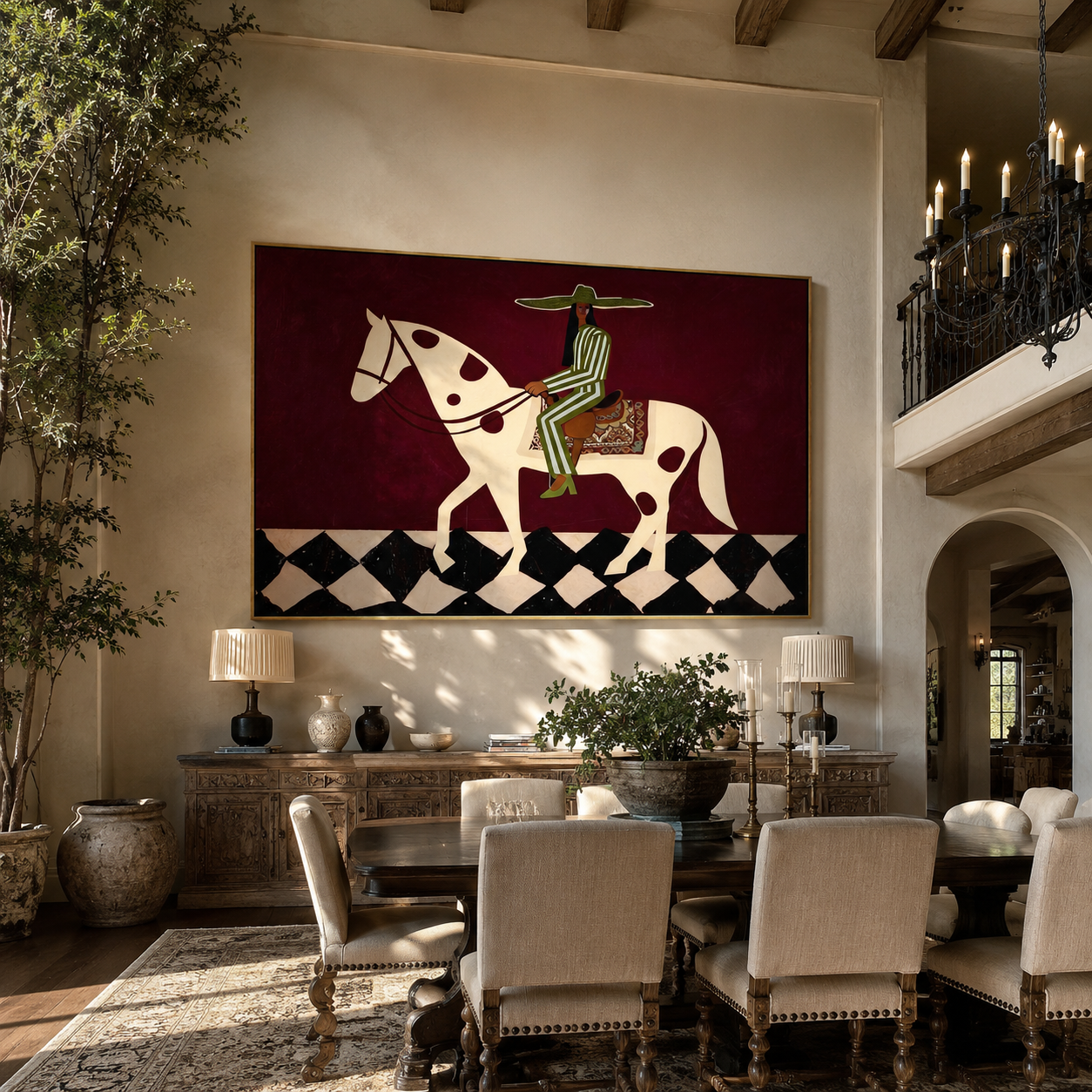 Green Stripes Cross the Moonlit Horse - western horse rider painting by Isabelle Laurent, modern Western horizontal wall art – styled room scene view 3
