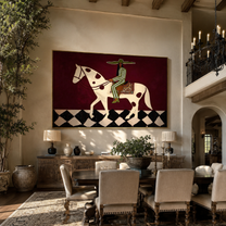 Green Stripes Cross the Moonlit Horse - western horse rider painting by Isabelle Laurent, modern Western horizontal wall art – styled room scene view 3