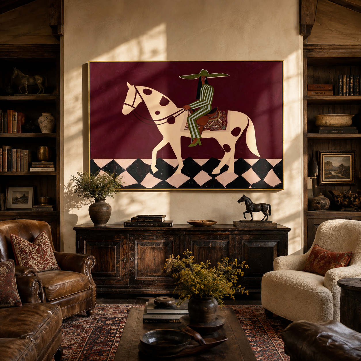 Green Stripes Cross the Moonlit Horse - western horse rider painting by Isabelle Laurent, modern Western horizontal wall art – styled room scene view 4