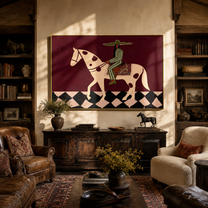 Green Stripes Cross the Moonlit Horse - western horse rider painting by Isabelle Laurent, modern Western horizontal wall art – styled room scene view 4