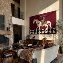 Green Stripes Cross the Moonlit Horse - western horse rider painting by Isabelle Laurent, modern Western horizontal wall art – styled room scene view 5