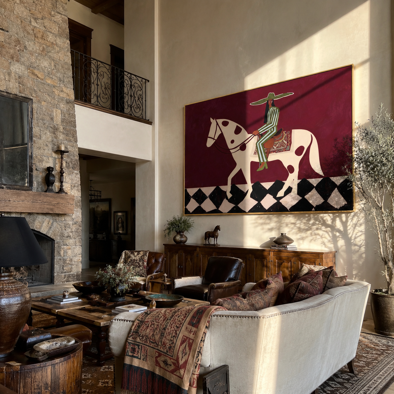 Green Stripes Cross the Moonlit Horse - western horse rider painting by Isabelle Laurent, modern Western horizontal wall art – styled room scene view 5