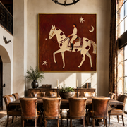 Quiet Rider Passes beneath the Crescent - spotted horse rider painting by Isabelle Laurent, modern Western square wall art – styled room scene view 1