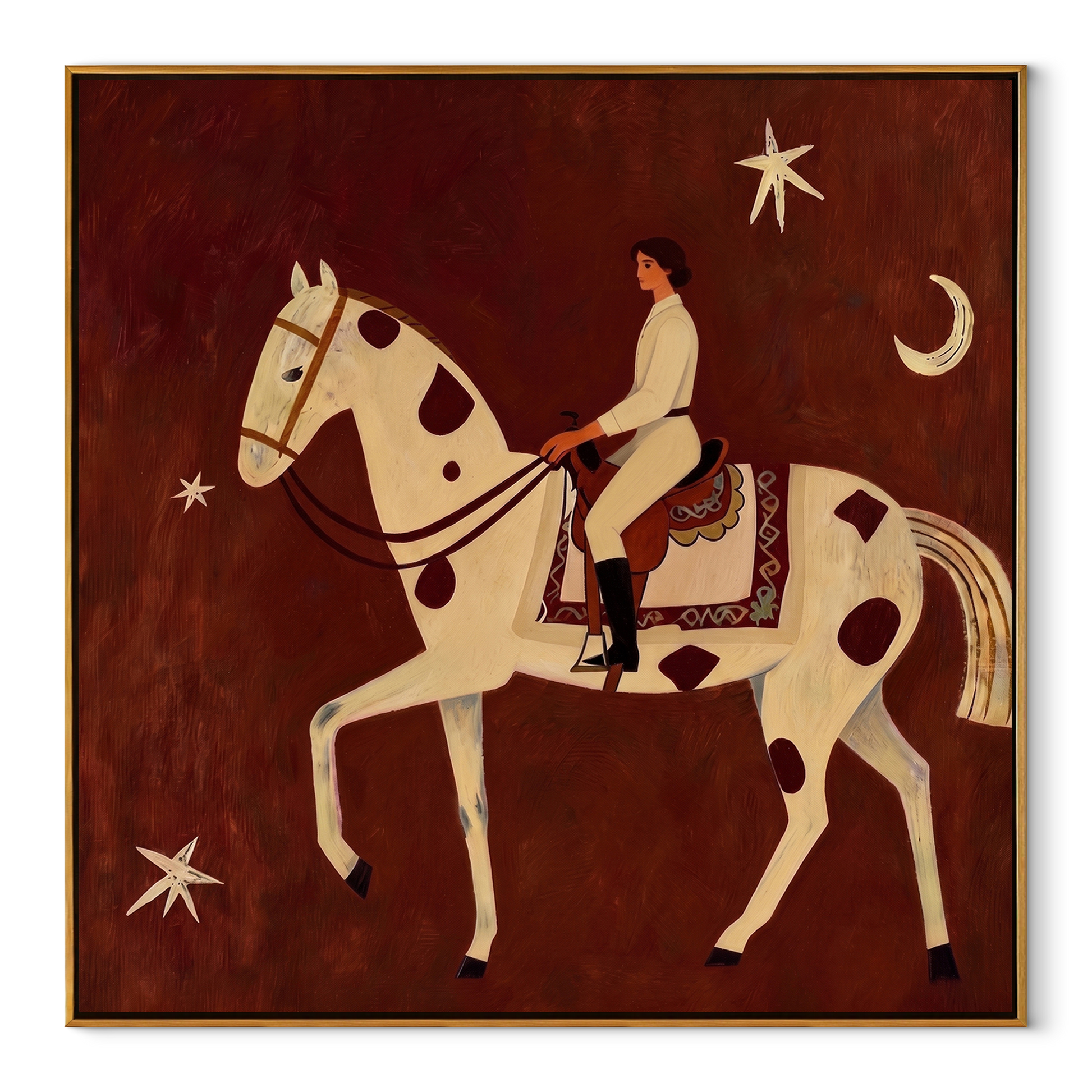 Quiet Rider Passes beneath the Crescent - spotted horse rider painting by Isabelle Laurent, modern Western square wall art – wood frame on white background