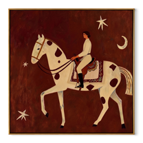 Quiet Rider Passes beneath the Crescent - spotted horse rider painting by Isabelle Laurent, modern Western square wall art – wood frame on white background