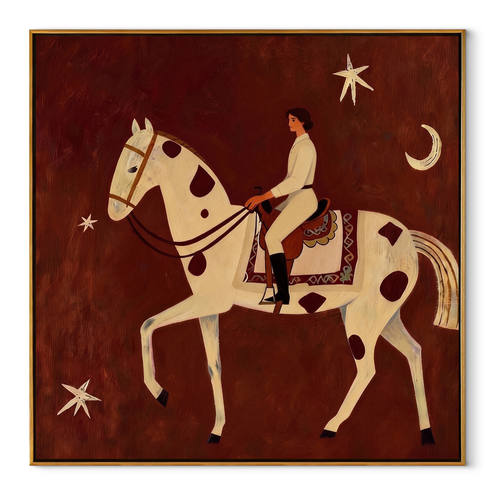 Quiet Rider Passes beneath the Crescent - spotted horse rider painting by Isabelle Laurent, modern Western square wall art – wood frame on white background