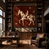 Quiet Rider Passes beneath the Crescent - spotted horse rider painting by Isabelle Laurent, modern Western square wall art – styled room scene view 2