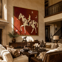Quiet Rider Passes beneath the Crescent - spotted horse rider painting by Isabelle Laurent, modern Western square wall art – styled room scene view 3
