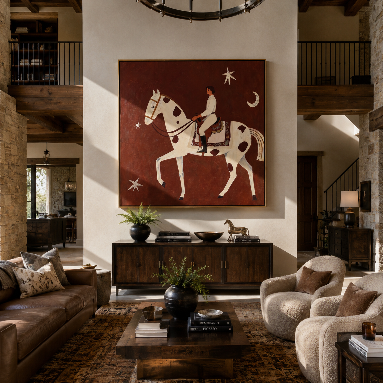 Quiet Rider Passes beneath the Crescent - spotted horse rider painting by Isabelle Laurent, modern Western square wall art – styled room scene view 4