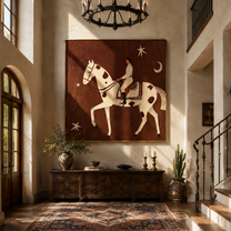 Quiet Rider Passes beneath the Crescent - spotted horse rider painting by Isabelle Laurent, modern Western square wall art – styled room scene view 5