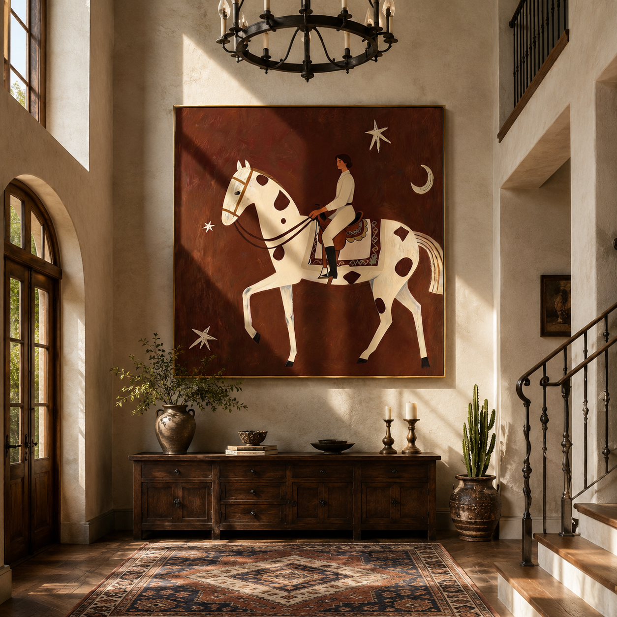 Quiet Rider Passes beneath the Crescent - spotted horse rider painting by Isabelle Laurent, modern Western square wall art – styled room scene view 5