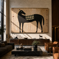 Black Horse Carries the Geometric Saddle - patterned black horse painting by Isabelle Laurent, modern Western horizontal wall art – styled room scene view 1