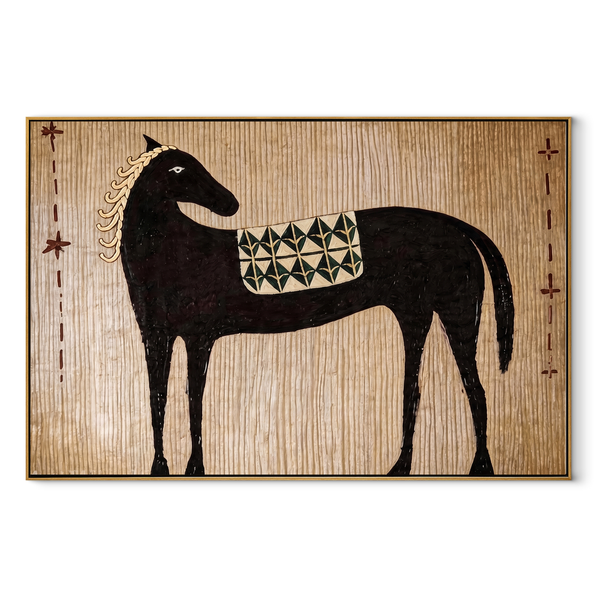 Black Horse Carries the Geometric Saddle - patterned black horse painting by Isabelle Laurent, modern Western horizontal wall art – wood frame on white background