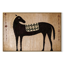 Black Horse Carries the Geometric Saddle - patterned black horse painting by Isabelle Laurent, modern Western horizontal wall art – wood frame on white background