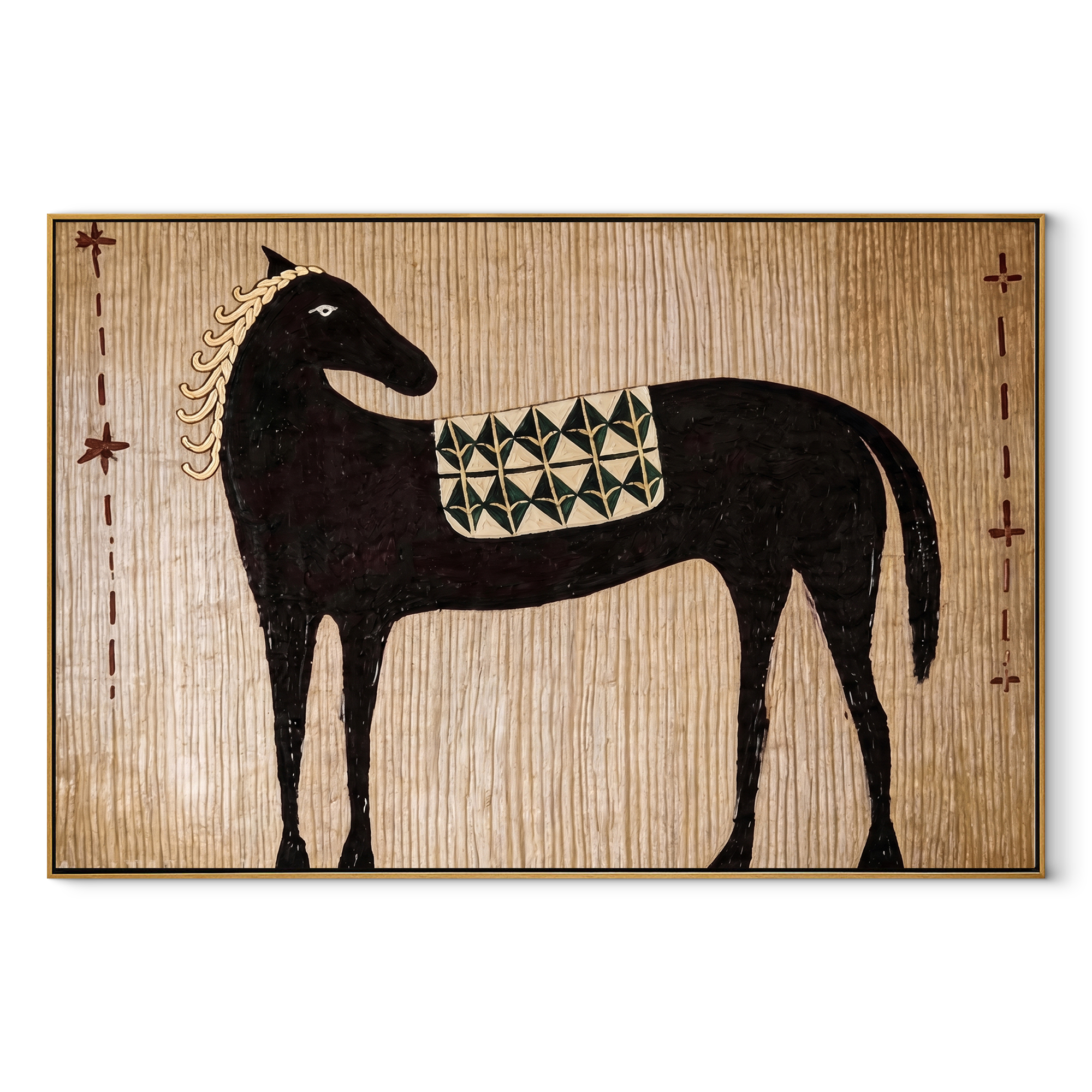 Black Horse Carries the Geometric Saddle - patterned black horse painting by Isabelle Laurent, modern Western horizontal wall art – wood frame on white background