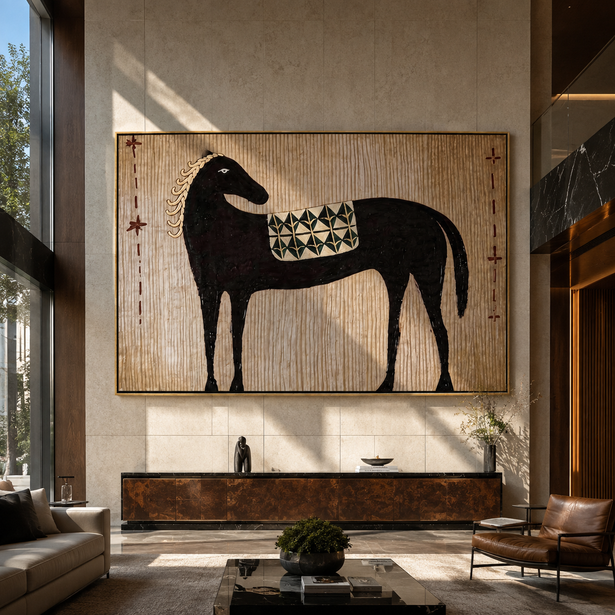 Black Horse Carries the Geometric Saddle - patterned black horse painting by Isabelle Laurent, modern Western horizontal wall art – styled room scene view 2