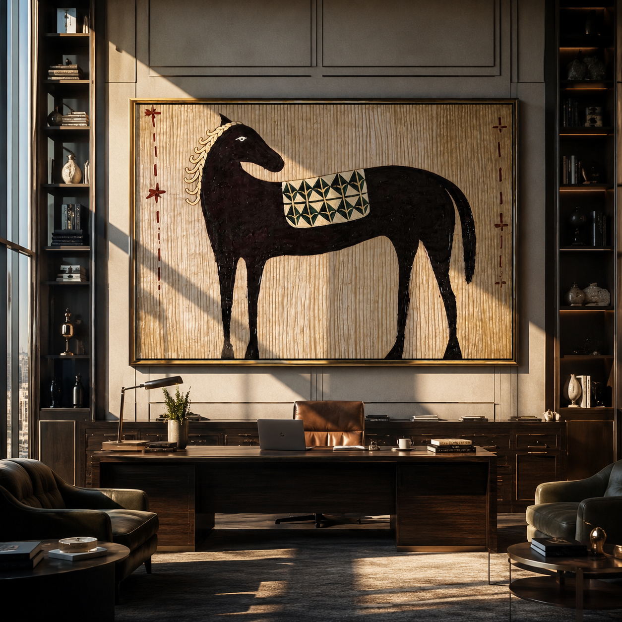 Black Horse Carries the Geometric Saddle - patterned black horse painting by Isabelle Laurent, modern Western horizontal wall art – styled room scene view 4