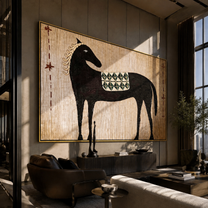 Black Horse Carries the Geometric Saddle - patterned black horse painting by Isabelle Laurent, modern Western horizontal wall art – styled room scene view 5