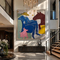 Blue Figure Rests among Painted Animals - abstract horse and figure painting by Isabelle Laurent, modern Western square wall art – styled room scene view 1