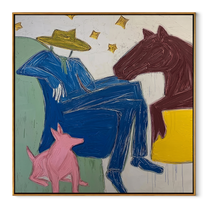 Blue Figure Rests among Painted Animals - abstract horse and figure painting by Isabelle Laurent, modern Western square wall art – wood frame on white background