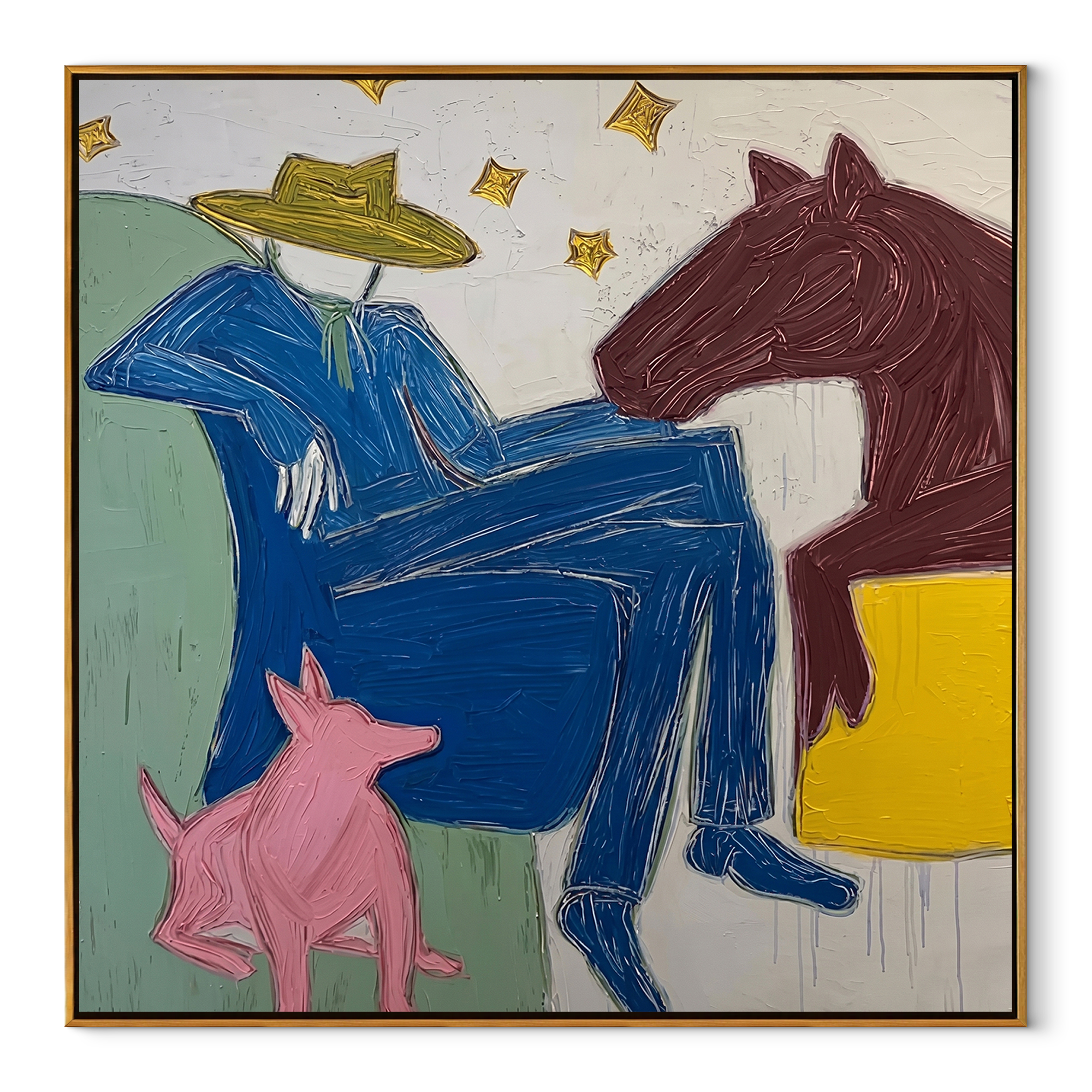 Blue Figure Rests among Painted Animals - abstract horse and figure painting by Isabelle Laurent, modern Western square wall art – wood frame on white background