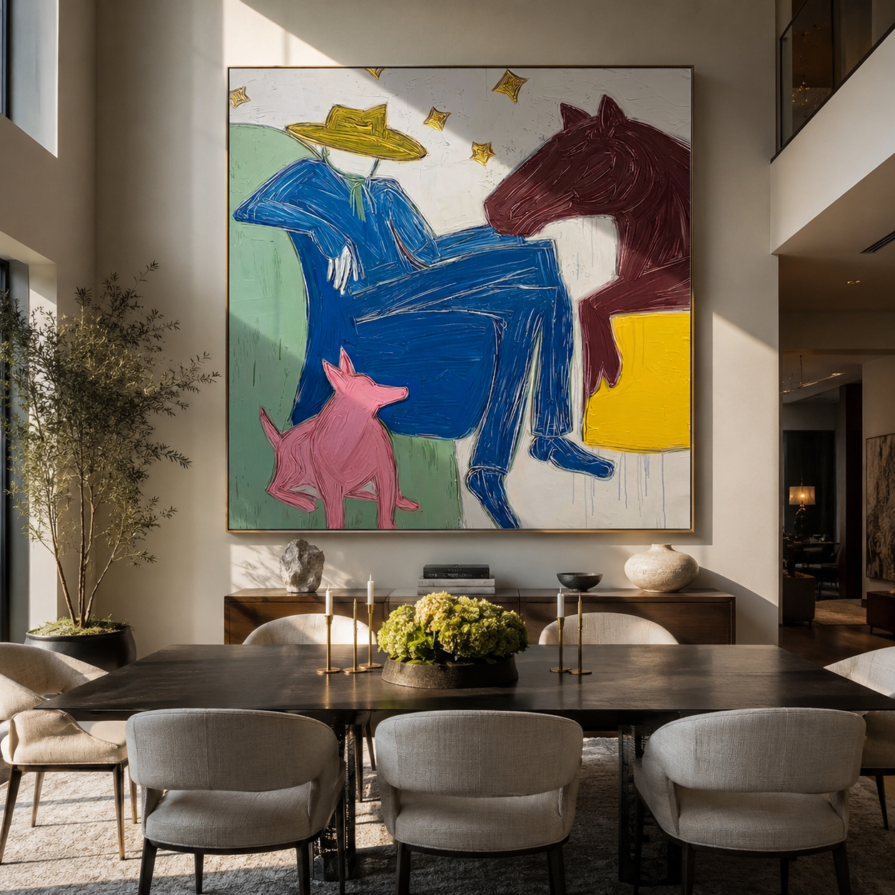 Blue Figure Rests among Painted Animals - abstract horse and figure painting by Isabelle Laurent, modern Western square wall art – styled room scene view 2
