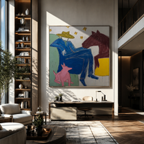 Blue Figure Rests among Painted Animals - abstract horse and figure painting by Isabelle Laurent, modern Western square wall art – styled room scene view 3