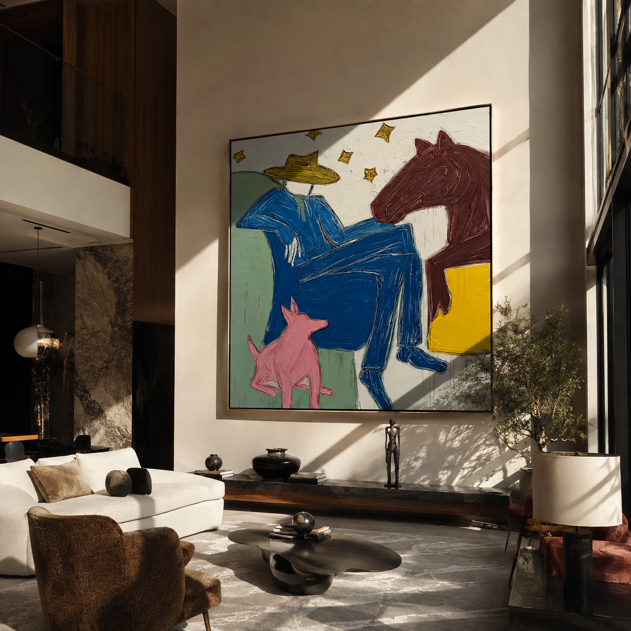 Blue Figure Rests among Painted Animals - abstract horse and figure painting by Isabelle Laurent, modern Western square wall art – styled room scene view 4