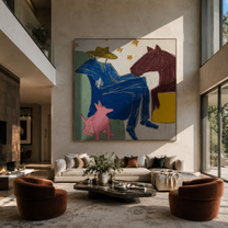 Blue Figure Rests among Painted Animals - abstract horse and figure painting by Isabelle Laurent, modern Western square wall art – styled room scene view 5