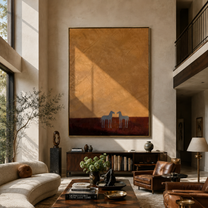 Two Small Horses Wait beneath the Vast Ochre Sky - minimal two horse painting by Isabelle Laurent, modern Western vertical wall art – styled room scene view 1