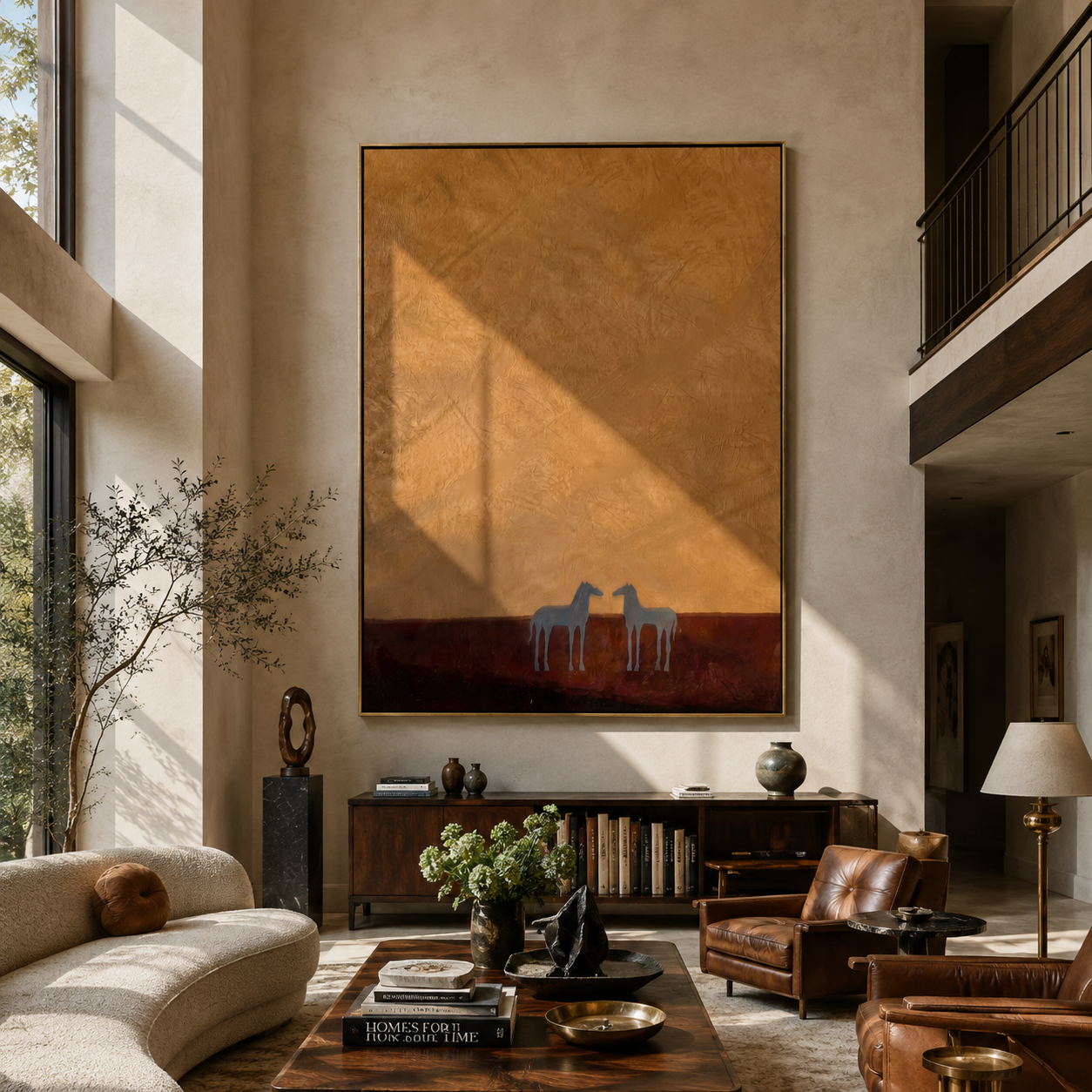 Two Small Horses Wait beneath the Vast Ochre Sky - minimal two horse painting by Isabelle Laurent, modern Western vertical wall art – styled room scene view 1