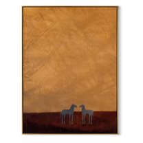 Two Small Horses Wait beneath the Vast Ochre Sky - minimal two horse painting by Isabelle Laurent, modern Western vertical wall art – wood frame on white background