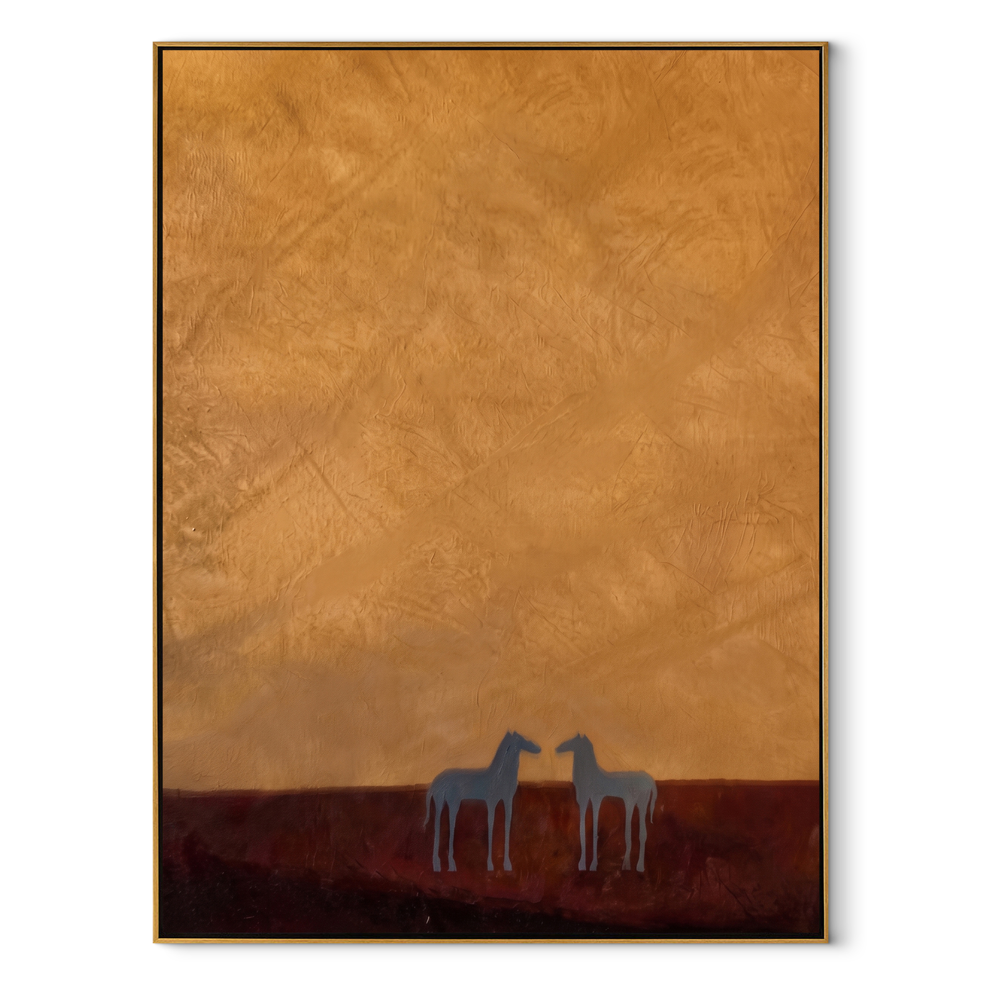 Two Small Horses Wait beneath the Vast Ochre Sky - minimal two horse painting by Isabelle Laurent, modern Western vertical wall art – wood frame on white background