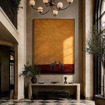 Two Small Horses Wait beneath the Vast Ochre Sky - minimal two horse painting by Isabelle Laurent, modern Western vertical wall art – styled room scene view 2