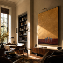 Two Small Horses Wait beneath the Vast Ochre Sky - minimal two horse painting by Isabelle Laurent, modern Western vertical wall art – styled room scene view 3