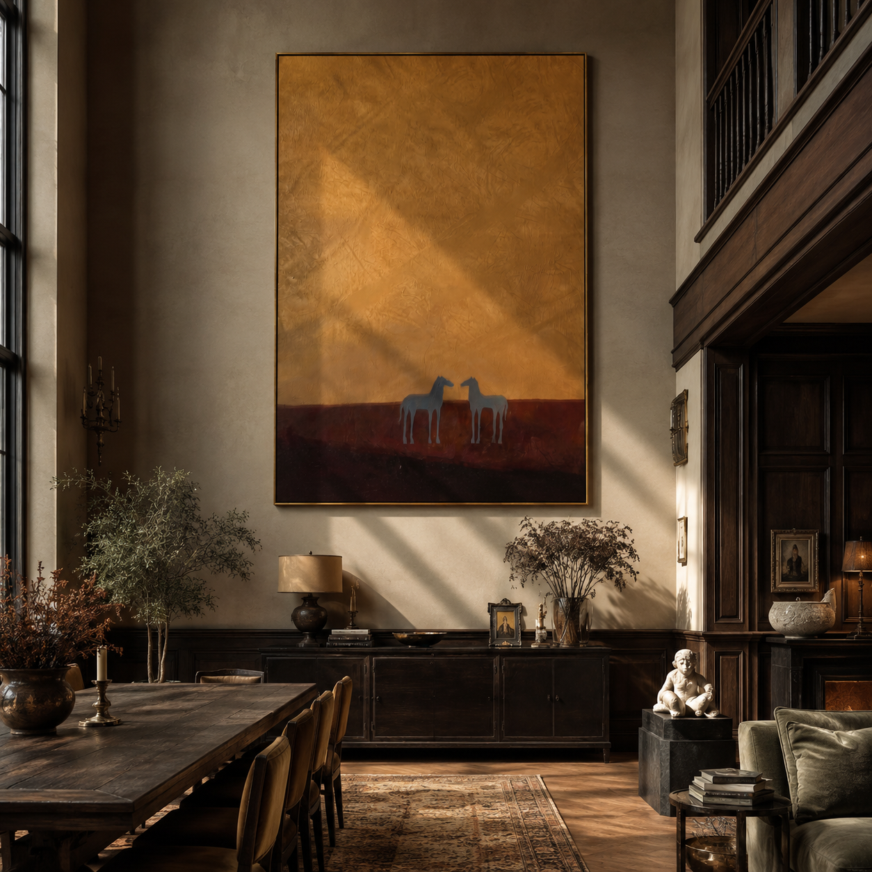 Two Small Horses Wait beneath the Vast Ochre Sky - minimal two horse painting by Isabelle Laurent, modern Western vertical wall art – styled room scene view 4