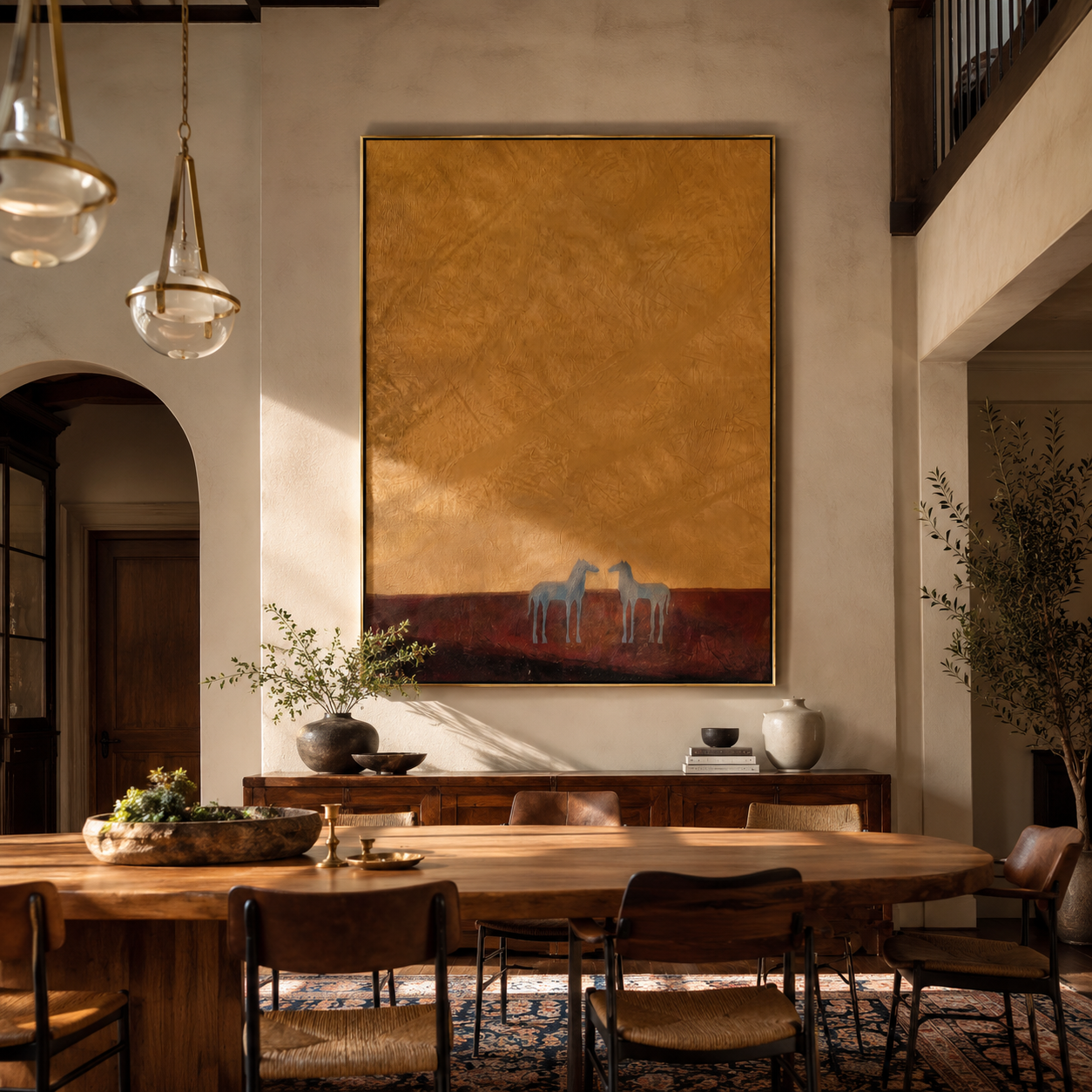 Two Small Horses Wait beneath the Vast Ochre Sky - minimal two horse painting by Isabelle Laurent, modern Western vertical wall art – styled room scene view 5