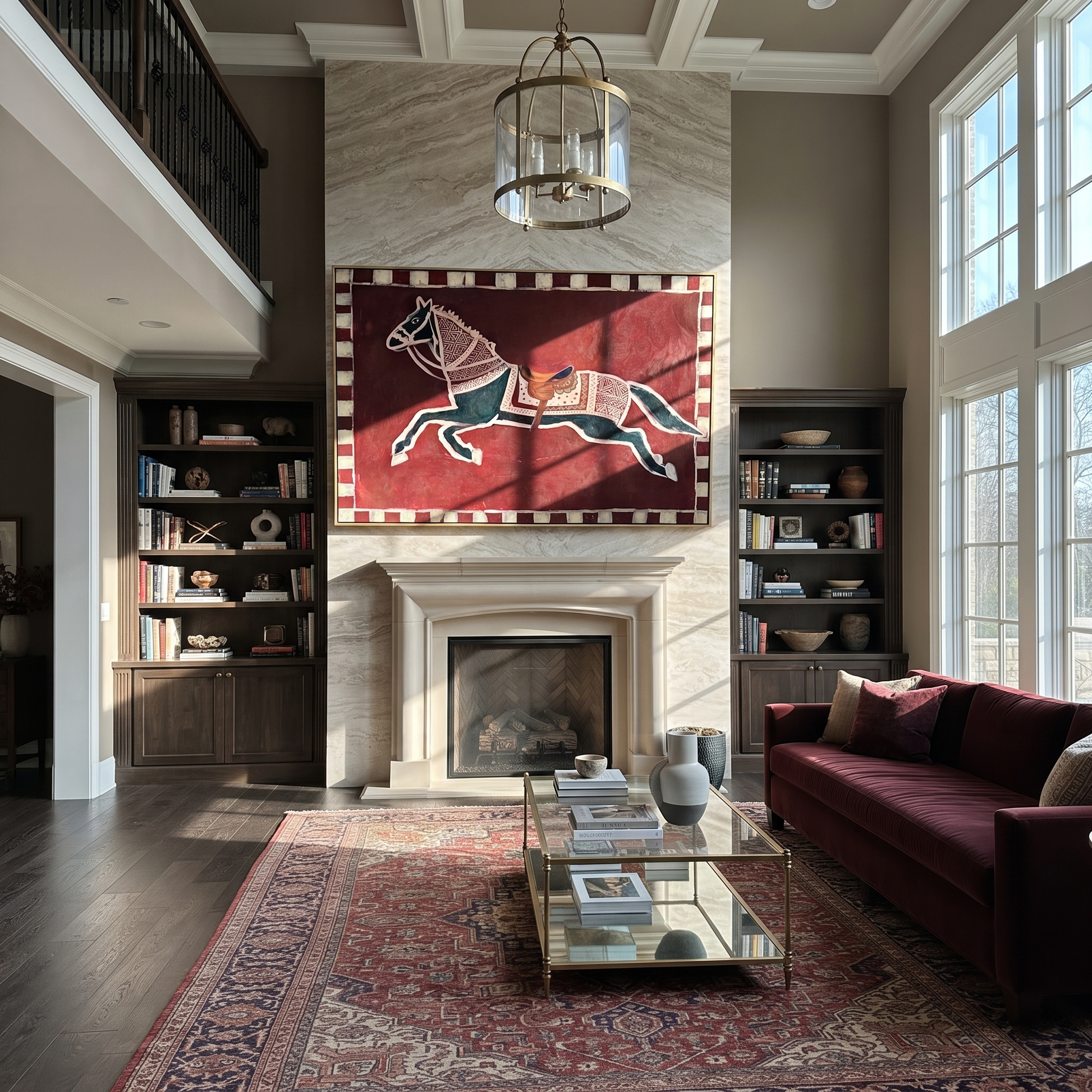White Marks Follow the Running Chestnut - running horse painting by Isabelle Laurent, modern Western horizontal wall art – styled room scene view 1