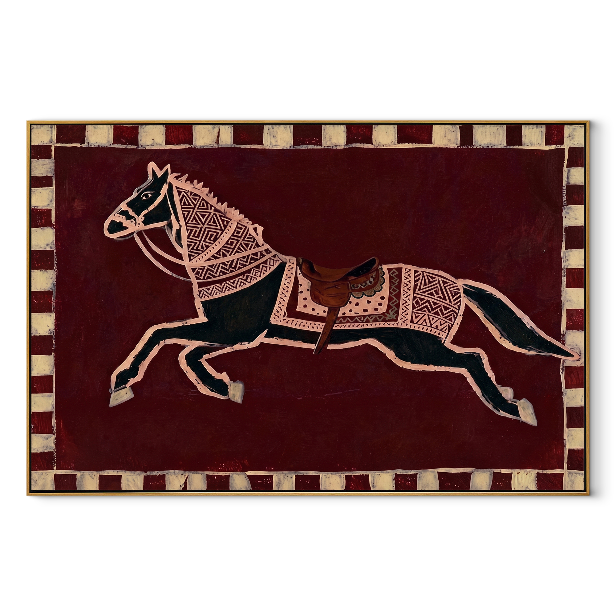 White Marks Follow the Running Chestnut - running horse painting by Isabelle Laurent, modern Western horizontal wall art – wood frame on white background