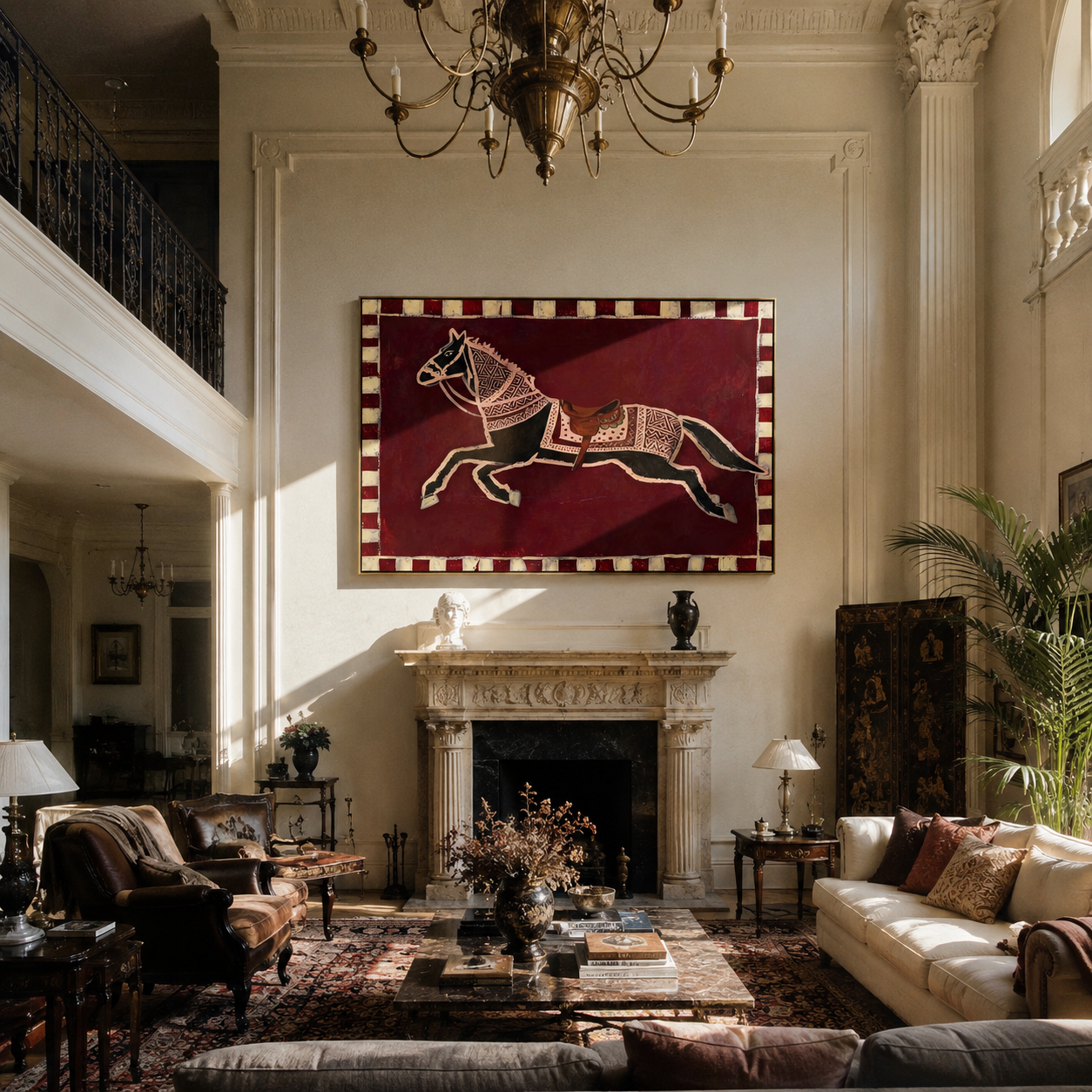 White Marks Follow the Running Chestnut - running horse painting by Isabelle Laurent, modern Western horizontal wall art – styled room scene view 2