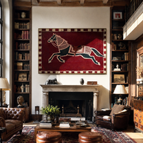 White Marks Follow the Running Chestnut - running horse painting by Isabelle Laurent, modern Western horizontal wall art – styled room scene view 3