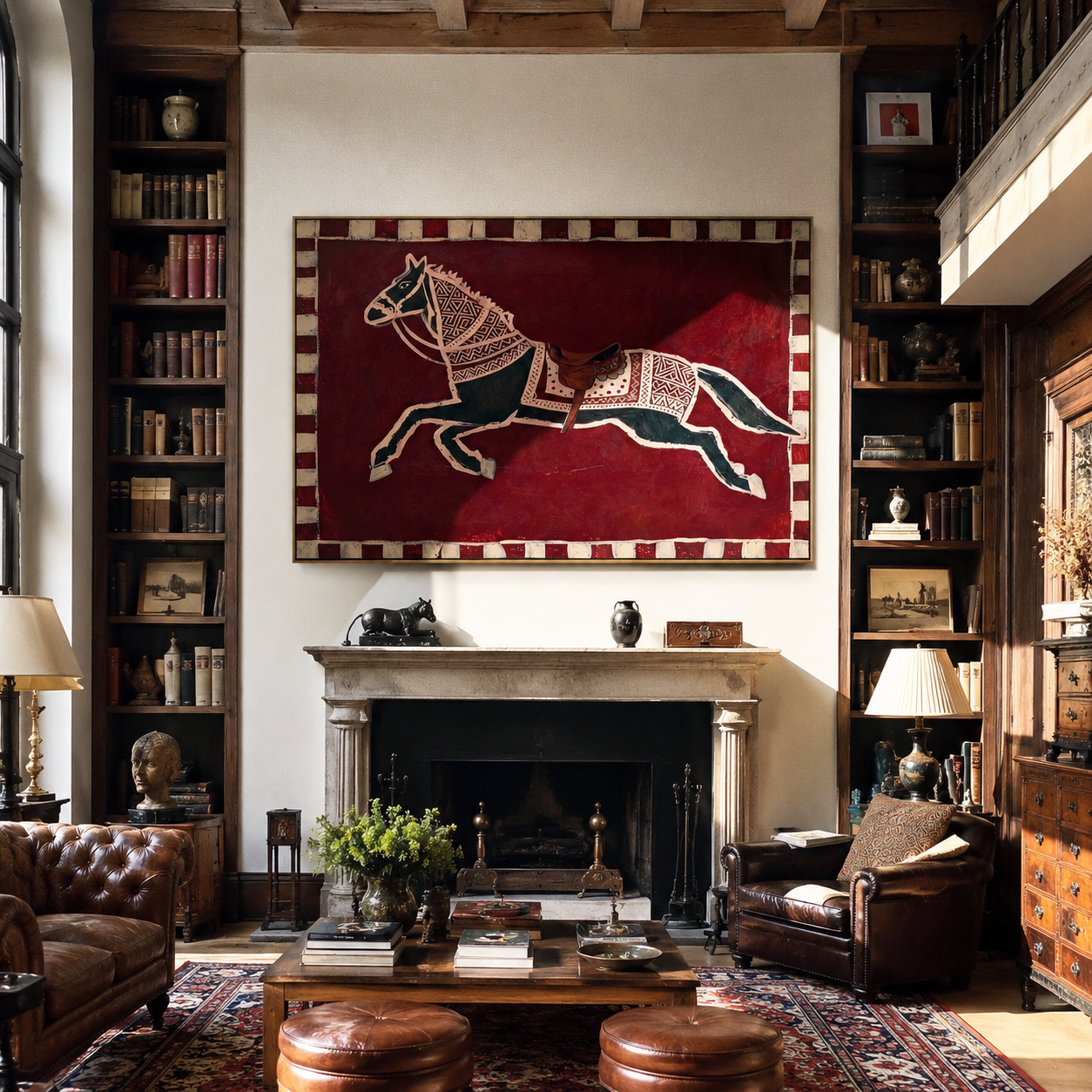 White Marks Follow the Running Chestnut - running horse painting by Isabelle Laurent, modern Western horizontal wall art – styled room scene view 3