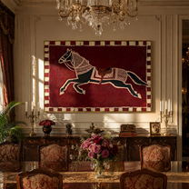 White Marks Follow the Running Chestnut - running horse painting by Isabelle Laurent, modern Western horizontal wall art – styled room scene view 4