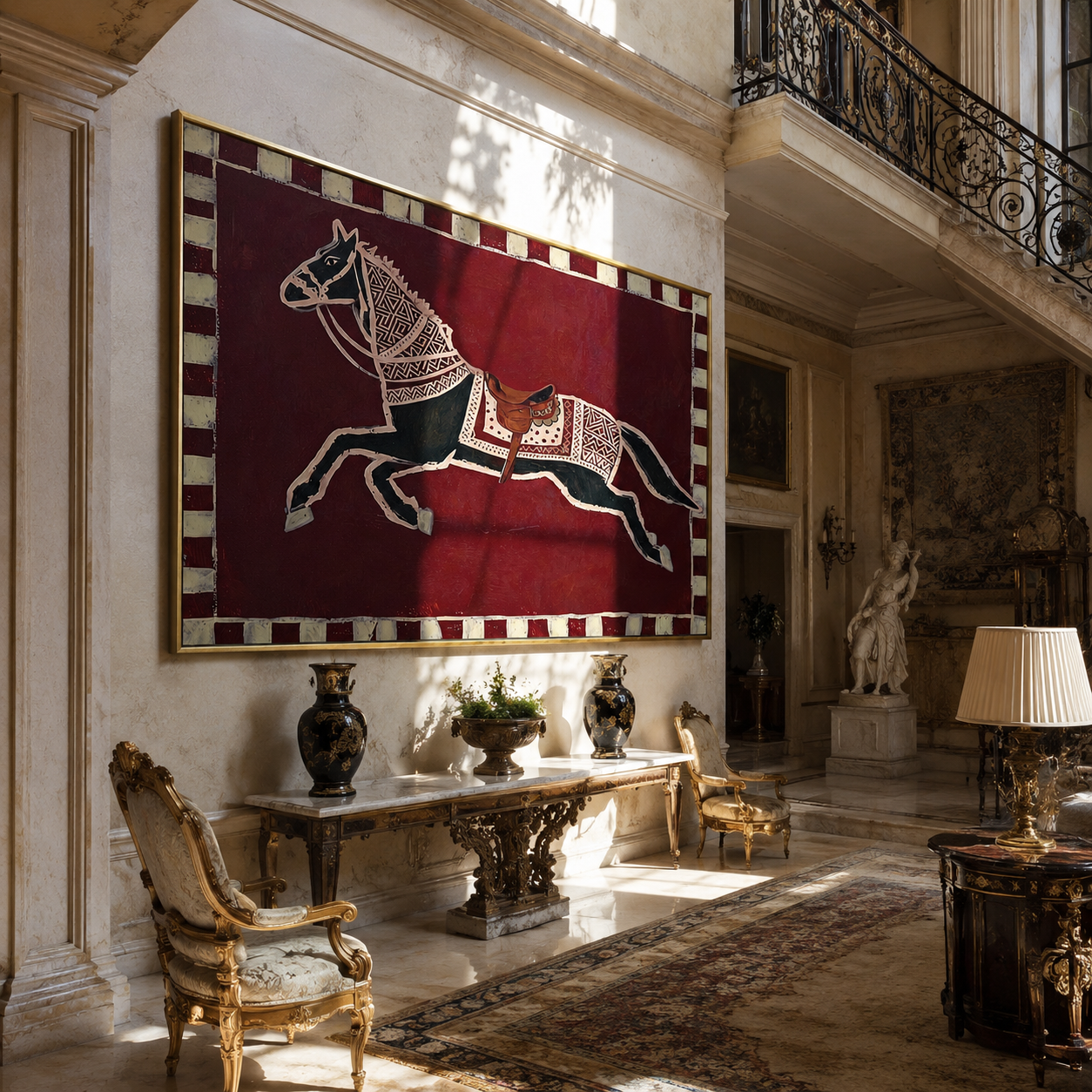 White Marks Follow the Running Chestnut - running horse painting by Isabelle Laurent, modern Western horizontal wall art – styled room scene view 5