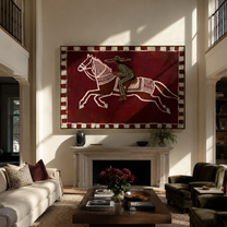 The Patterned Rider Crosses the Burgundy Field - running horse rider painting by Isabelle Laurent, modern Western horizontal wall art – styled room scene view 1
