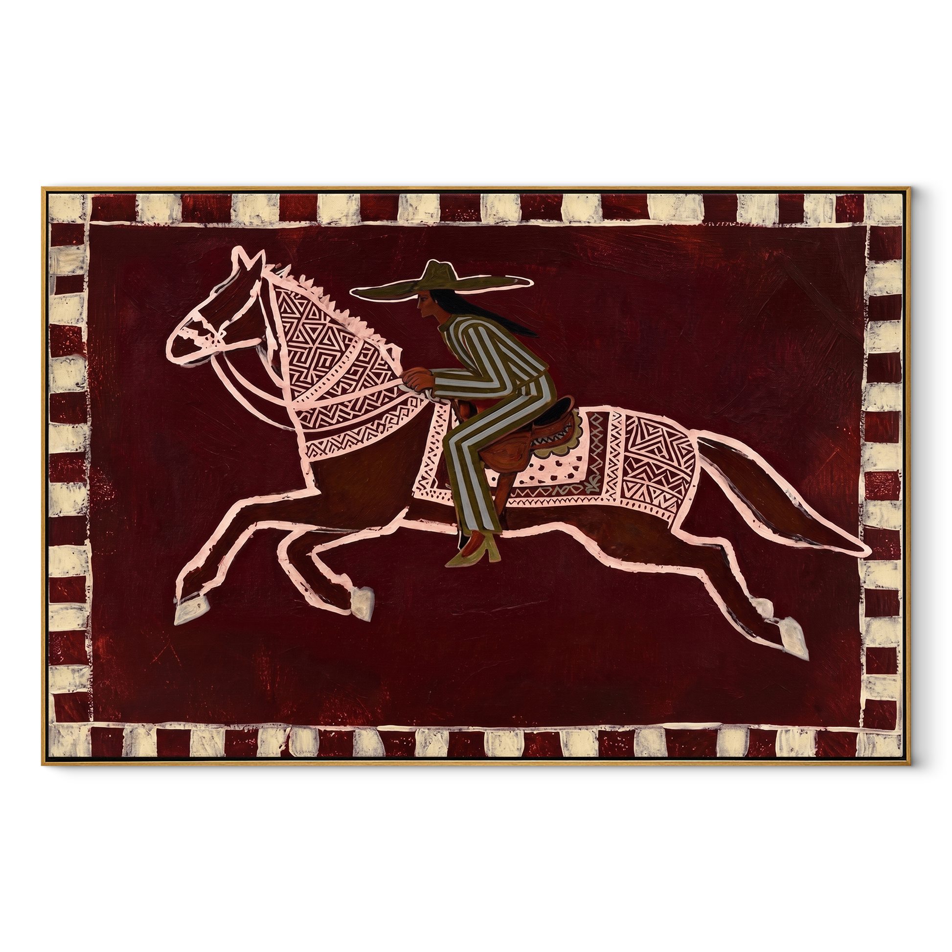 The Patterned Rider Crosses the Burgundy Field - running horse rider painting by Isabelle Laurent, modern Western horizontal wall art – wood frame on white background