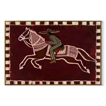 The Patterned Rider Crosses the Burgundy Field - running horse rider painting by Isabelle Laurent, modern Western horizontal wall art – wood frame on white background
