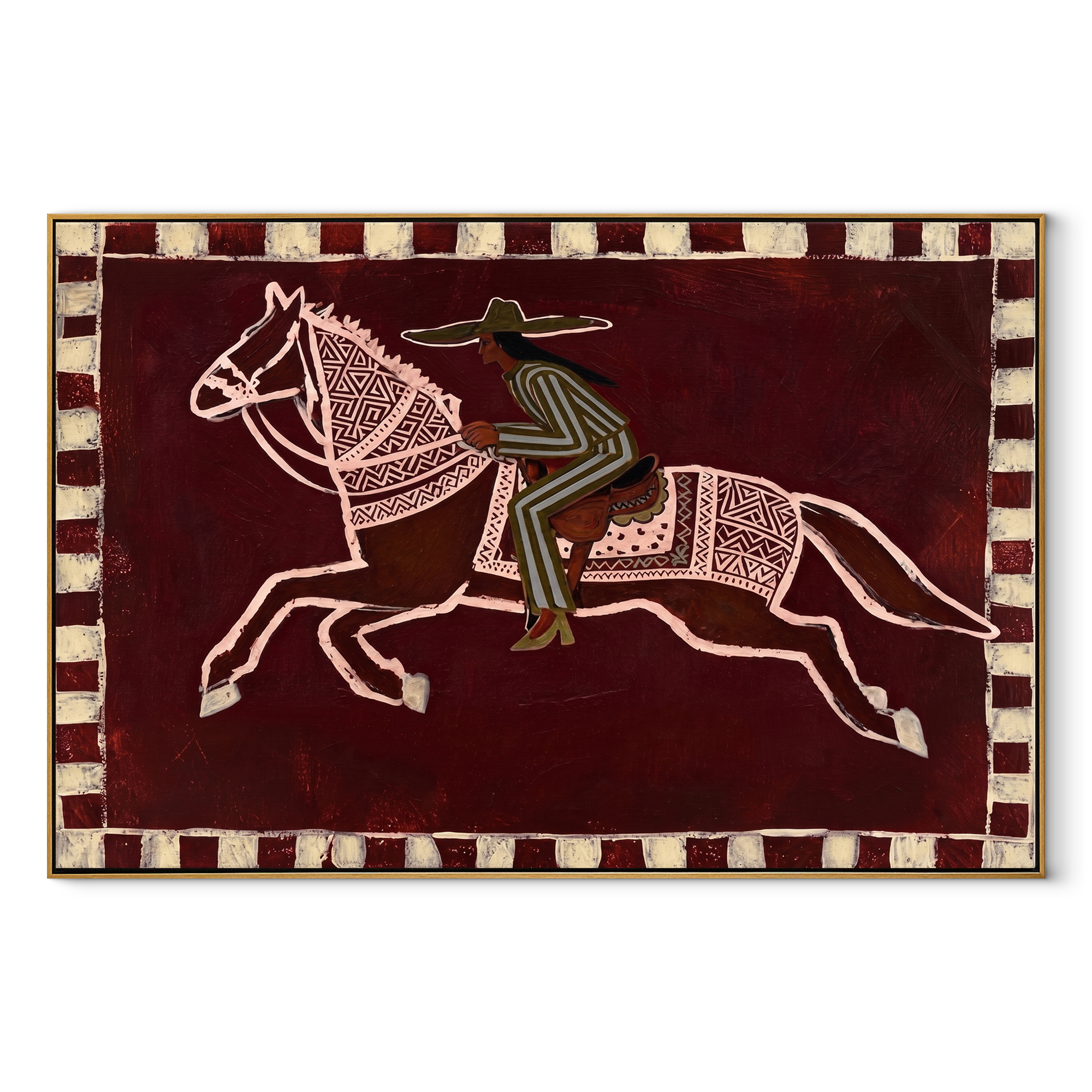 The Patterned Rider Crosses the Burgundy Field - running horse rider painting by Isabelle Laurent, modern Western horizontal wall art – wood frame on white background