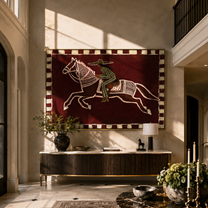 The Patterned Rider Crosses the Burgundy Field - running horse rider painting by Isabelle Laurent, modern Western horizontal wall art – styled room scene view 2